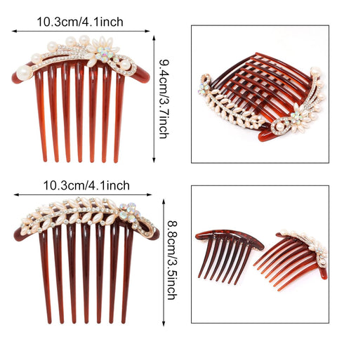 Honbay 2PCS 7 Teeth Hair Side Combs - Pearl Crystal Rhinestone Floral Twist Combs, Decorative Hair Accessories for Women