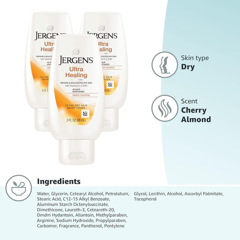 Jergens Ultra Healing Dry Skin Moisturizer, 3 Fl Oz - Body and Hand Lotion with HYDRALUCENCE Blend (Pack of 3)