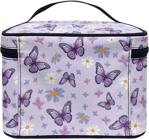 Purple Butterfly Makeup Bag - Cute Floral Cosmetic Organizer for Women, Portable Toiletry Case for Travel