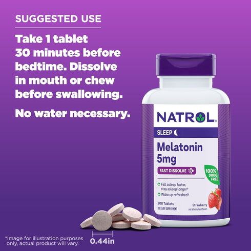 Natrol Sleep Melatonin 5mg Fast Dissolve Tablets - 200 Strawberry-Flavored Tablets, Nighttime Sleep Aid for Adults