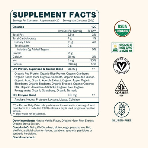 Ora Organic Protein Powder - 21g Plant-Based Superfood for Women and Men, Vanilla Flavor, 20 Servings