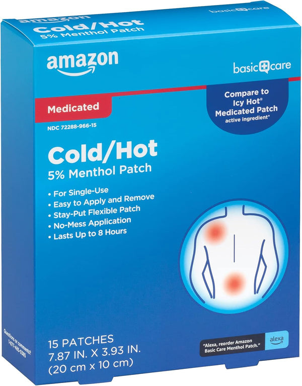 Amazon Basic Care Medicated Cold Hot Patch, 15-Count Box, 5% Menthol, 7.87” x 3.93”