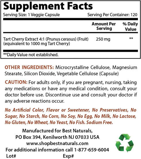 Best Naturals Tart Cherry Extract 1000 mg (Non-GMO) Veggie Capsules - Promotes Healthy Uric Acid levels within normal range, Healthy Joint Function & Promotes Healthy Sleep Cycle, 120 Count