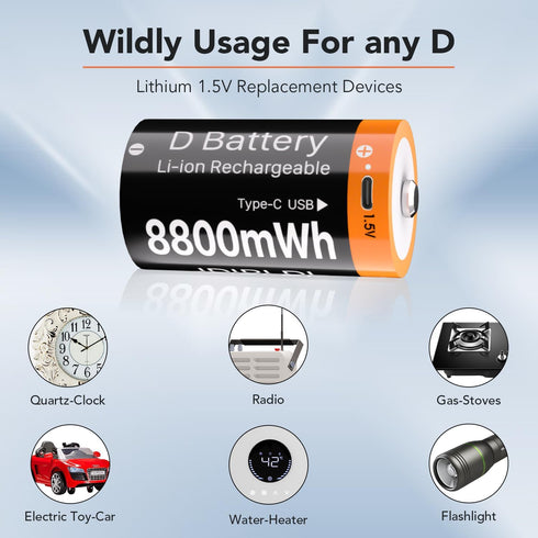RRUHHK (8800mWh) 2 1 2 Packs Rechargeable D Batteries, New Upgrade High Capacity Lithium D Cell Battery Replacement