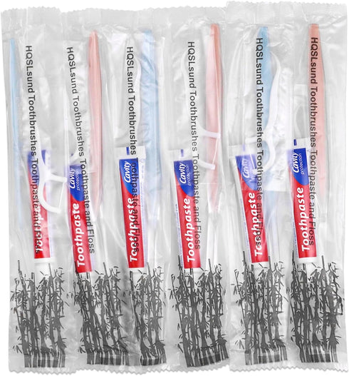 50pcs Disposable Toothbrushes with Toothpaste and Floss, Individually Wrapped Bulk Kit for Hotels and Guests