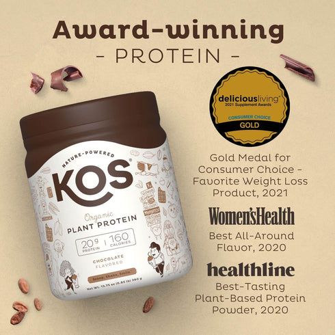 KOS Vegan Protein Powder, Chocolate USDA Organic - Low Carb Pea Protein Blend, 10 Servings