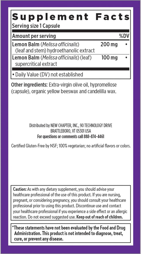New Chapter Lemon Balm Force, Supercritical Lemon Balm for Mood & Immune Support, 30 ct Vegetarian Capsules