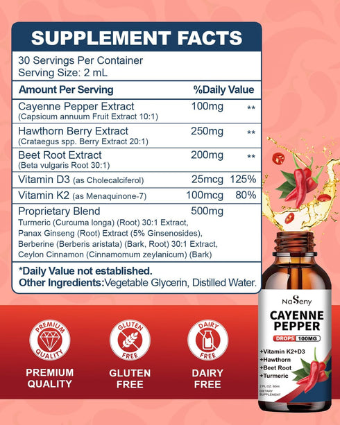 k2 d3, Cayenne Pepper Drops, Organic Cayenne Pepper with Hawthorn, Beet Root, Vitamin Turmeric, Panax Ginseng