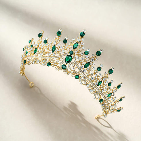 SWEETV Green Gold Tiara Crown - Crystal Hair Accessories for Women & Girls, Queen Crown for Quinceanera, Prom