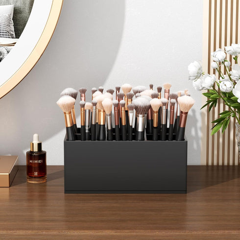 HIIMIEI Black Makeup Brush Holder - Acrylic Organizer with 6 Slots for Vanity Countertop Storage