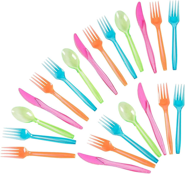 Juvale Rainbow Plastic Silverware Set, Neon Forks, Knives, Spoons (144 Pieces)