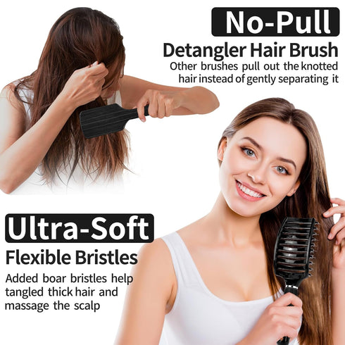 HIPPIH 2 Pack Boar Bristle Hair Brush, Wet & Dry No Pull Curved Vented Detangler for Kids & Men