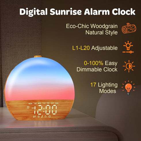 Thybro 30 Sunrise Alarm Clock with Sound Machine - Wake Up Light, Wood Grain, Bluetooth, Dual Digital Alarm Clocks