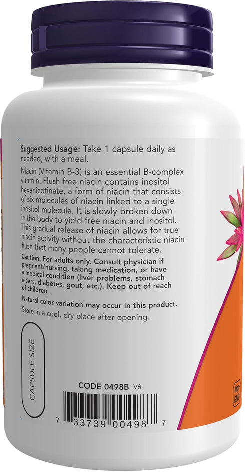 NOW Supplements, Niacin (Vitamin B-3) 500 mg - Flush-Free, Double Strength, Nutritional Health, 90 Veg Capsules