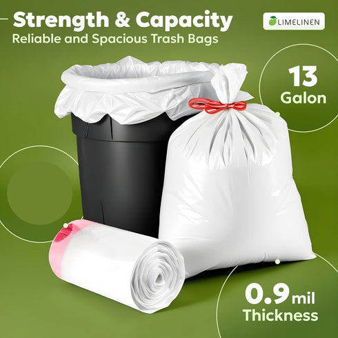 LIMELINEN 200 Count, 13-gallon 0.9 Commercial Tall Kitchen Trash Bags with Drawstring, Trash Bag of mil Thickness, Leak