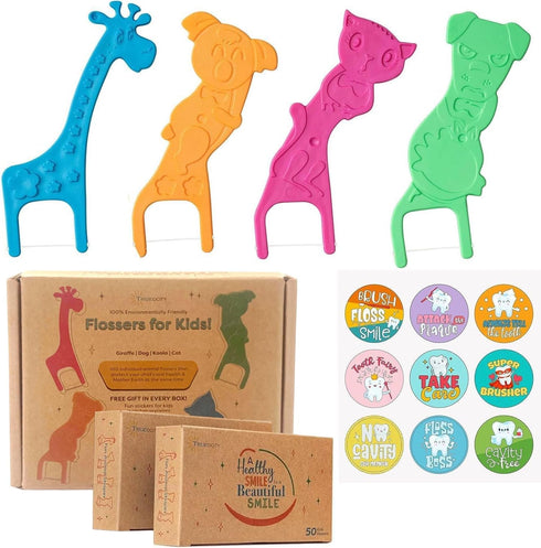 Biodegradable Kids Flossers, 100 Pack, Organic Animal Dental Floss Picks, Fluoride Free, Mild Orange