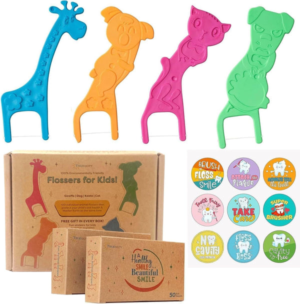 Biodegradable Kids Flossers, 100 Pack, Organic Animal Dental Floss Picks, Fluoride Free, Mild Orange