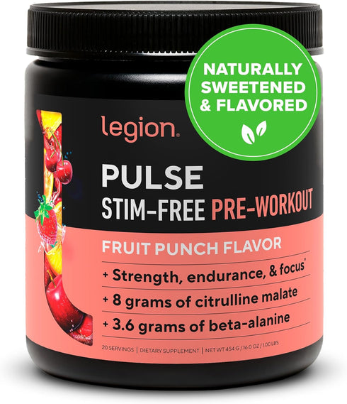 LEGION Pulse Pre Workout Supplement - All Natural Nitric Oxide Drink, Caffeine Free Fruit Punch