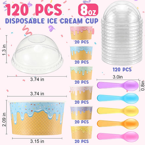 Jingmore 120 Set 8oz Ice Cream Paper Cups with Lids and Spoons, Disposable Sundae Bowls, Dessert Cups for Birthday