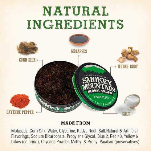 Smokey Mountain Herbal Long Cut Snuff, Wintergreen, 5 Can Box, Tobacco Free, Nicotine Free