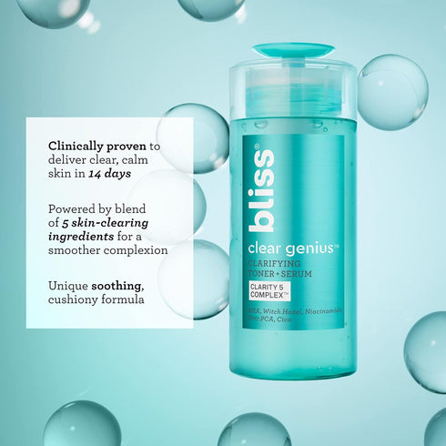 Bliss Clear Genius Clarifying Toner + Serum - 4.3 Fl Oz, Purifies Pores, Tones, Calms Skin, Vegan & Cruelty-Free