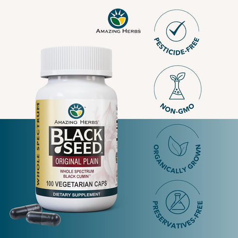 Amazing Herbs Whole Spectrum Black Seed Original Plain, 100 Count, Vegetarian Capsules, Gluten Free, Non-GMO
