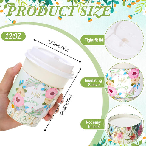 LemonRoad 48 Sets 12 oz 4 Wildflower Paper Disposable Coffee Cups with Lid, Sleeves, Color Spring Cute Flower Designs