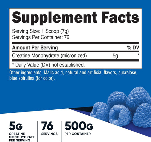 Nutricost Creatine Monohydrate Powder - Blue Raspberry, 500 Grams (1.1 LBS)