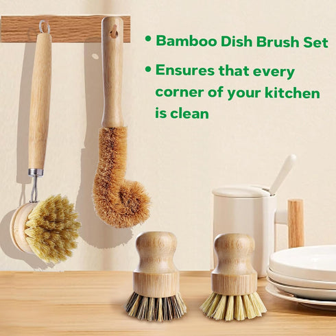 Set 5 Packs 4 Bamboo Dish Brush - Natural Wooden Kitchen Brush, Dish Scrubbers with One Replacement Head, Cleaning