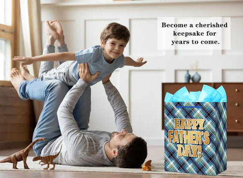 FaCraft Fathers Day Gift Bag - Large 13" Happy Fathers Day Gift Bag with Tissue Paper and Handle