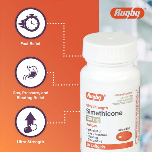 Rugby Ultra Strength Simethicone Gas Relief 180 mg, Maximum Relief for Adults, 60 Softgels (6 Pack)