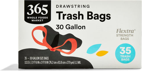 365 by WFM Bag Trash Drawstring Flextra, 30 Gallon, 35 Count