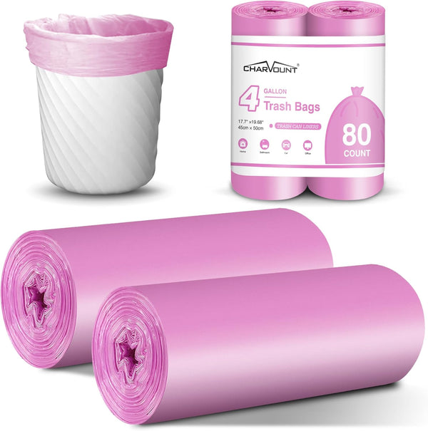 Charmount Small Trash Bags, 4 Gallon Garbage Bags, Unscented, 80 Count, Hot Pink for Kitchen Bedroom