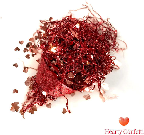 PAPER FAIR 1 LB Valentine's Day Crinkle Cut Paper with Rose Gold Heart Confetti, Metallic Red Paper Shred Filler