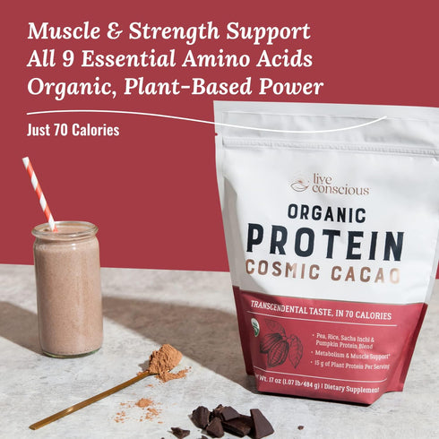 Live Conscious Organic Pea Protein Powder - Cosmic Cacao Chocolate Flavor | Plant-Based Vegan Protein Blend
