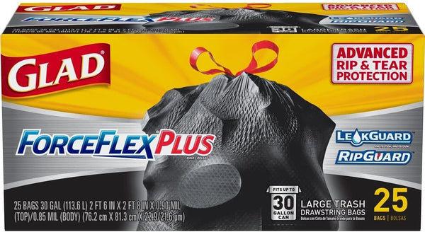 Glad Large Trash Bags, 30 Gallon, 25 Bags, with Drawstring