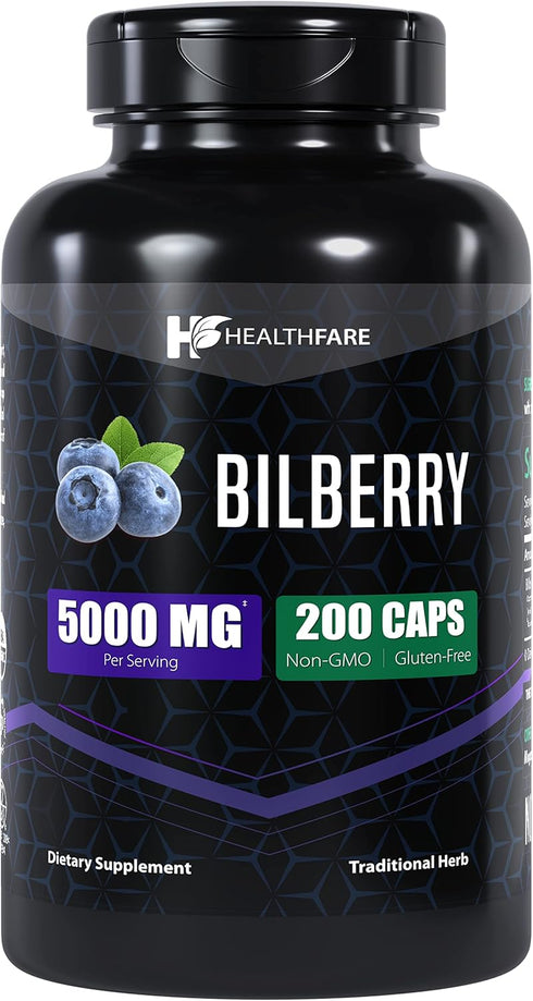 Bilberry Extract Capsules, 5000mg, 200 Count, Ultra Strength Supplement, Supports Eye Health, Gluten-Free & Non-GMO