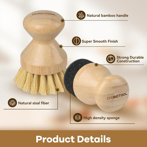 Cutting Board Oil Wax Applicator and Scrub Brush Set, Natural Bamboo with Sisal Fiber and Sponge for Utensil Care