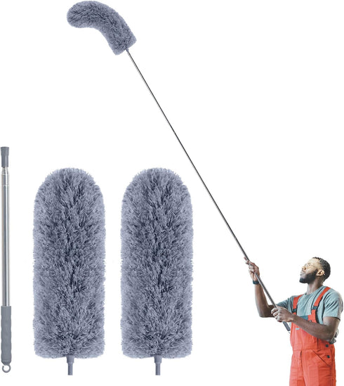 Duster with Extension Pole, 100" Long Feather Duster Kit with 2 Microfiber Heads, Cleaning Supplies for High Ceilings
