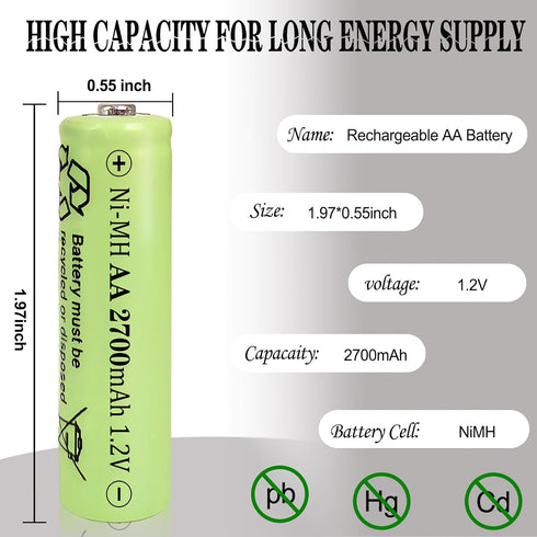 Zsolarigt 1.2V 2700mAh, 4 Counts 1.2V Rechargeable NiMh AA Battery Double A High Performance Batteries Long Lasting
