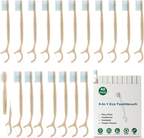 Travel Toothbrush Dental Floss Picks, 4 in 1 Biodegradable Disposable Toothbrushes, 80 Pack