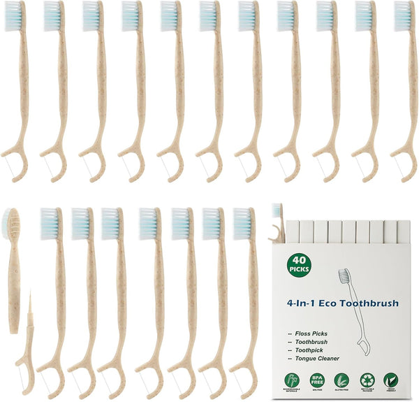 20 Pack Travel Toothbrushes with Tongue Scraper - Eco-Friendly Biodegradable Disposable Dental Floss Picks for Adult