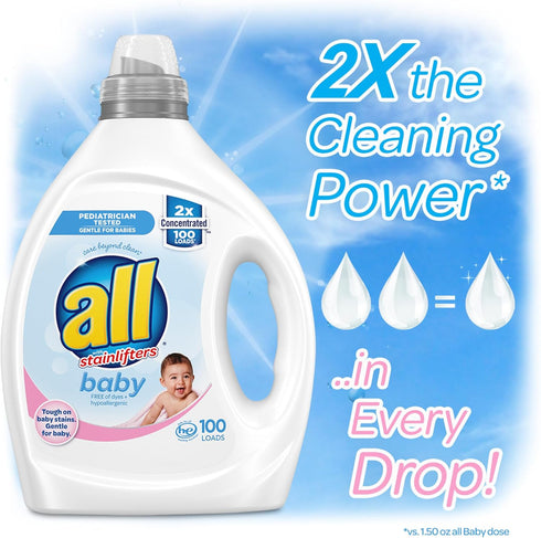 all Liquid Laundry Detergent, 2X Concentrated, Gentle for Baby, Hypoallergenic & Free Of Dyes, 100 Loads