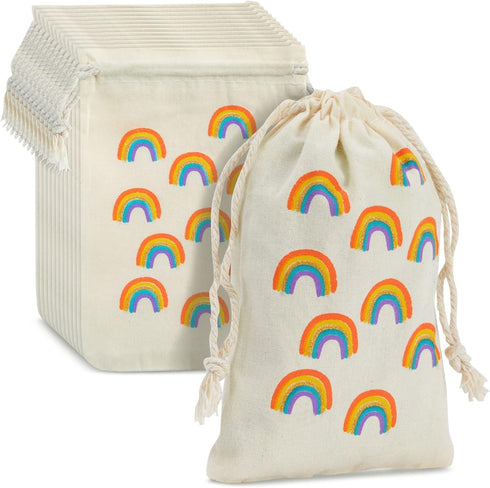 12-Pack Rainbow Party Favor Bags, Mini Canvas Drawstring Treat Pouches, Kids Birthdays, Unicorn Celebrations