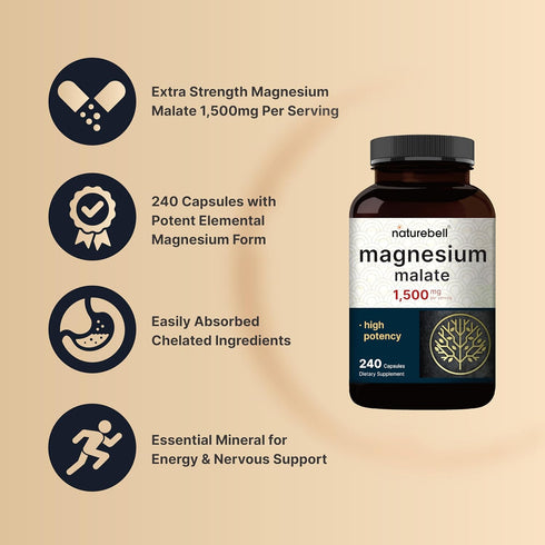 Magnesium Malate 240 Capsules, 1,500mg Per Serving, Chelated for High Absorption, Energy & Nervous Mineral