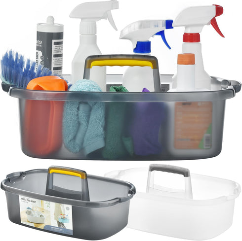 Large Cleaning Caddy with Handle, Sturdy Bucket Organizer for Cleaning Supplies, Clear Grey