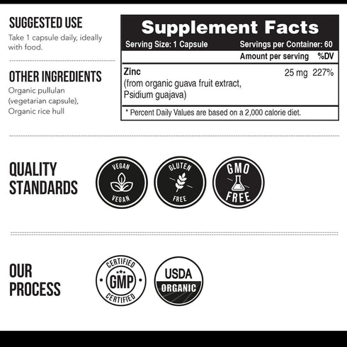 Organic Zinc 25 mg Whole Food Supplements, Vegan, GMO Free, Essential Mineral for Immunity and Skin, 60 Servings