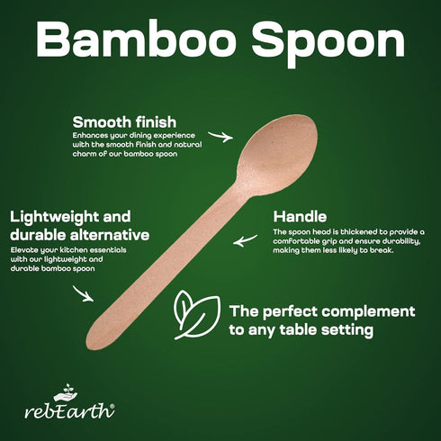 100 Count Eco-Friendly Heavyweight Bamboo Spoons 6" - Durable, Heat Resistant, Comfortable Alternative to Plastic