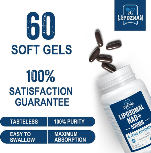 Liposomal NAD+ 500 mg + Trans-Resveratrol 300 mg, Superior Absorption True NAD Supplement for Cellular Energy