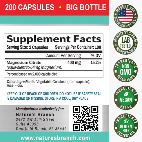 Magnesium Citrate 400mg, 200 Capsules, High Potency for Sleep and Leg Cramps, Vegan Supplement